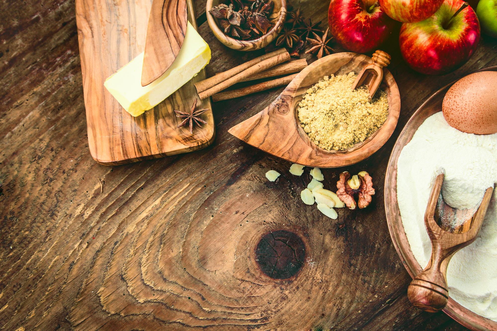 studio kitchen with wooden surfaces and ingredients
